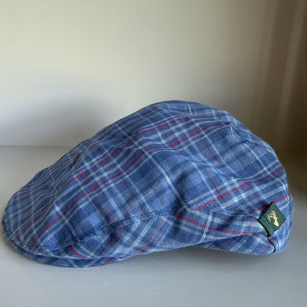 Mucros Trinity L Newsboy Driving Cap Hat Blue Plaid 100% Linen Ireland